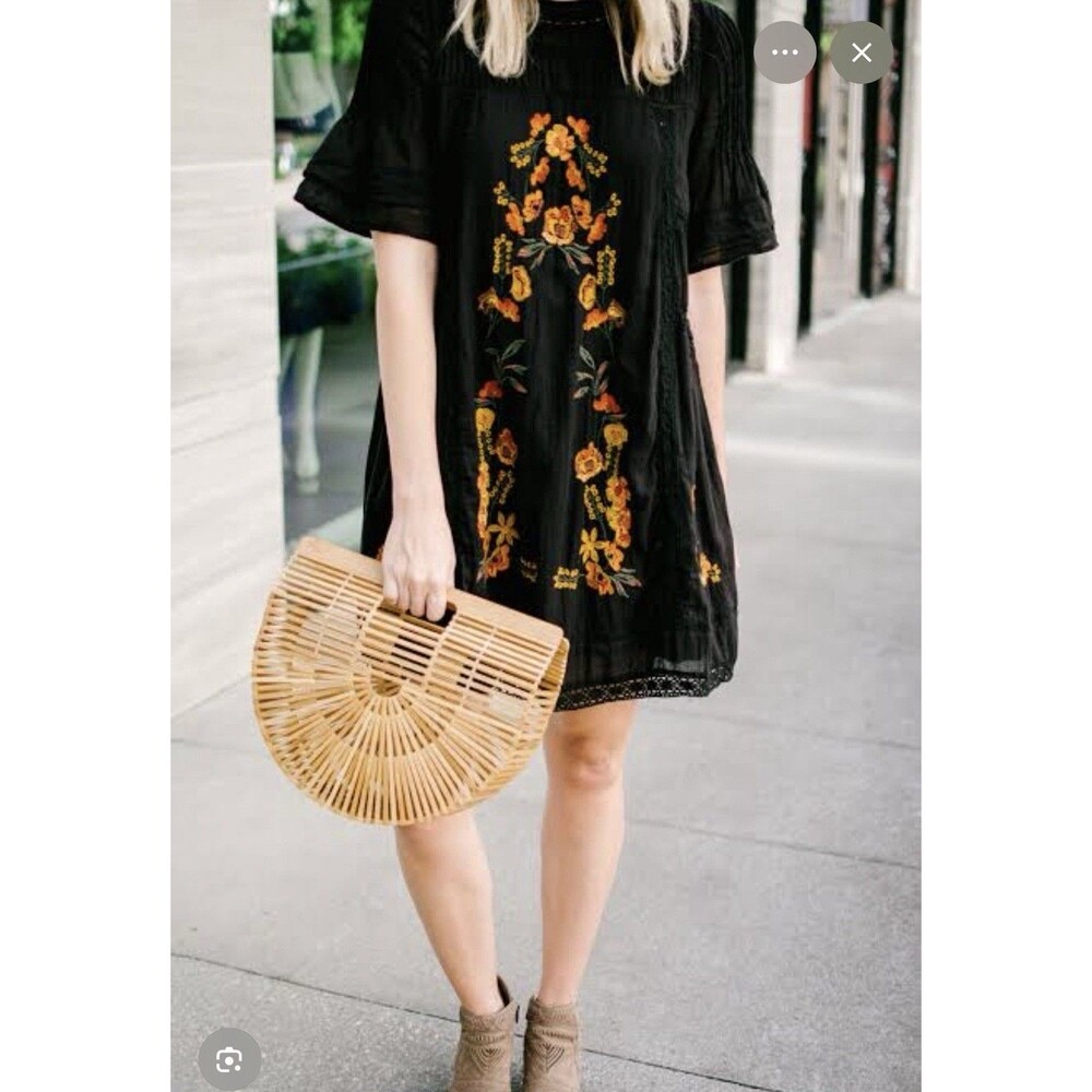 Free People Perfectly Victorian Embroidered Orange Yellow Floral Dress Size M